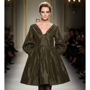 Oscar de la Renta Deep Olive Long Sleeve Dress